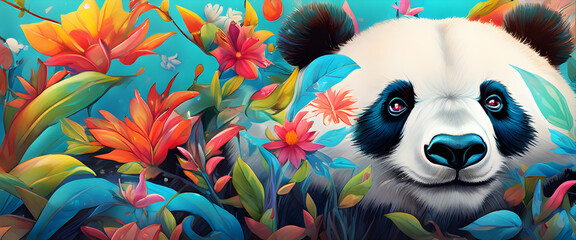 Panda bear with colorful flowers. Unique illustrations. Generative Ai