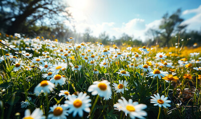 Sun-kissed, flowering daisy field with a vibrant display of white petals and yellow centers surrounded by lush green grass under a blue sky