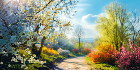 Dreamy ultra-wide spring landscape with soft-focus flowering willow branches swaying over a pathway, against a vibrant garden and sky