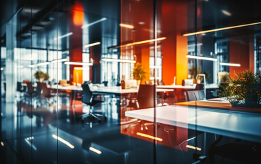 Modern Office Interior with Reflective Glass Partitions, Contemporary Workspace Design, Blurred Concept of Corporate Business Environment