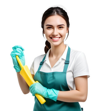 smiley Women cleaner with pleasant and persuasive face speaking to the camera wearing tshirt