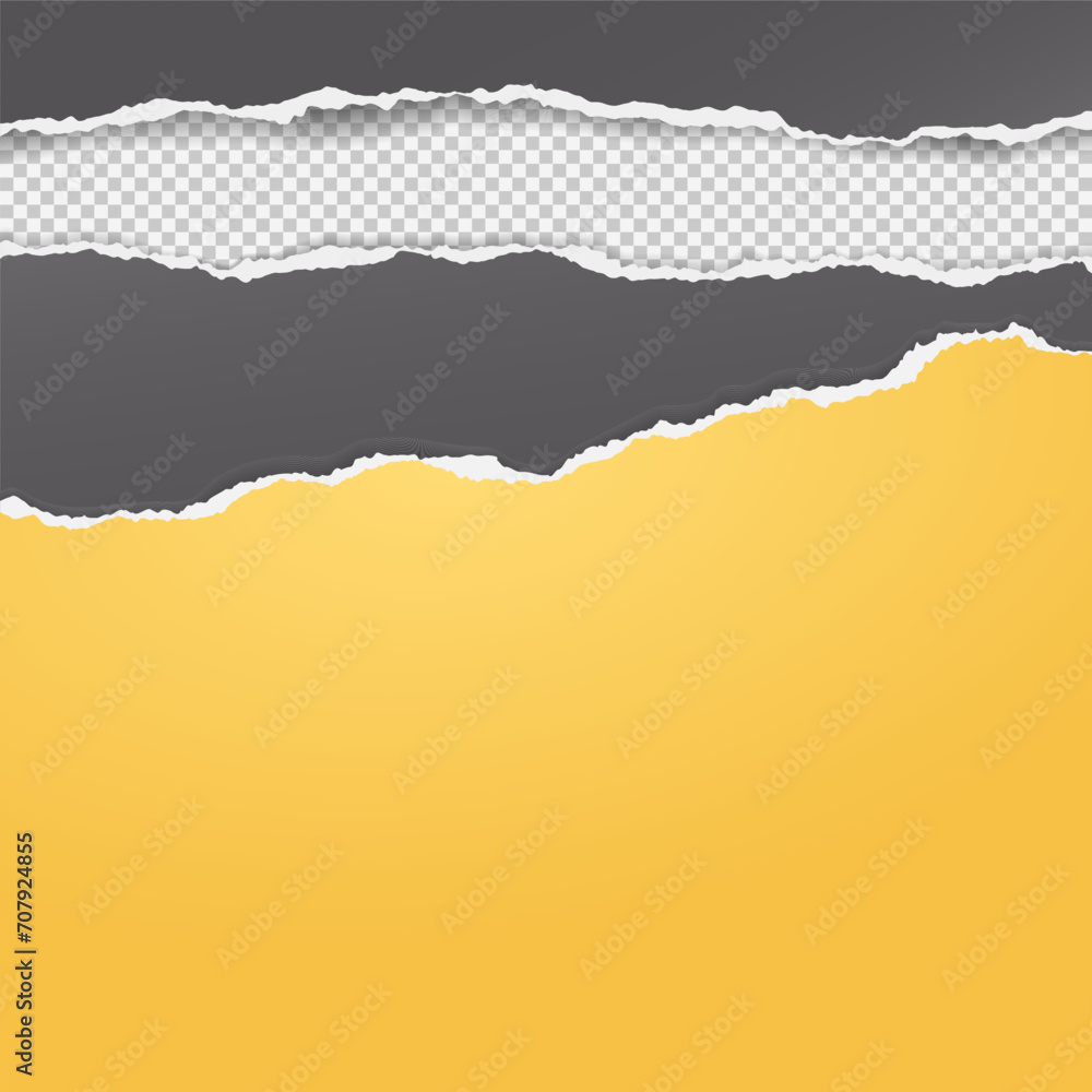 Poster torn, ripped yellow and dark grey paper strips with soft shadow are on squared background for text.