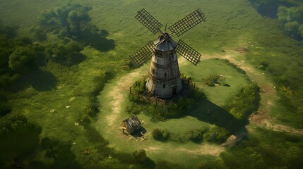 An old windmill in the Europa fields from above. - obrazy, fototapety, plakaty
