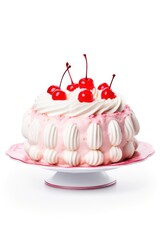 Sweet Dessert Pastry: Retro vintage cake Lambeth style decor with ruffle flowers and cherry on isolated white background