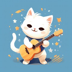 white cat playing guitar