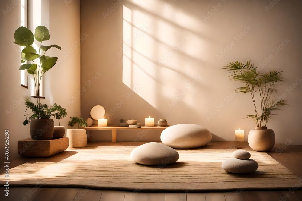 Poster a tranquil meditation room with soft lighting and minimalist decor, representing the importance of s