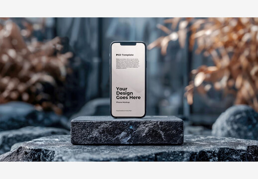 Professional Phone Mockup Template Screen on Rock with Plant and Blurry Background - High-Quality Stock Image