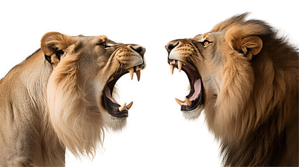 Fototapeta premium face to face lions, A lion roars and opens its mouth