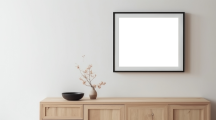 Black photo frame mockup on gray wall background, blank poster template. Minimalistic interior table vase with flowers decor