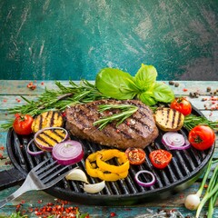 Flavorful Outdoor Grilling: Hot Steak and Sizzling Vegetables.