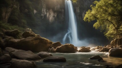 waterfall in the mountains Fantasy  Beusnita Waterfall of mystery, with a landscape of hidden caves and treasures,  