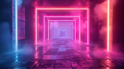 Tunnel made of geometric neon lights, pink and blue colors.
