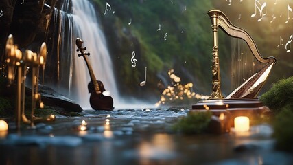 fountain in the night Fantasy waterfall of music, with a landscape of musical instruments and...