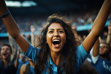 indian women cricket fan wearing blue jersey cheering - obrazy, fototapety, plakaty