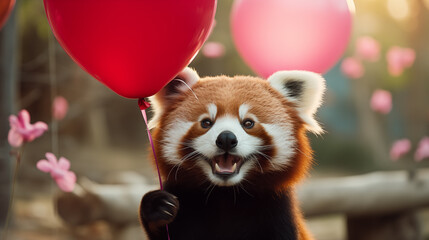 Fototapeta na wymiar red panda with a red balloon