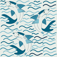Colorful blue and grey sharks with multicolored waves pattern design on grey background. Line art style. Bright Vector illustration for cards, business, banners, textile, wallpaper, wrapping		