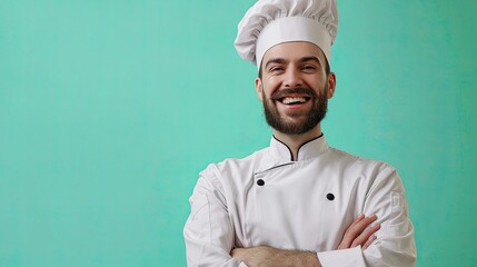 Friendly chef posing smiling on a plain green background.
