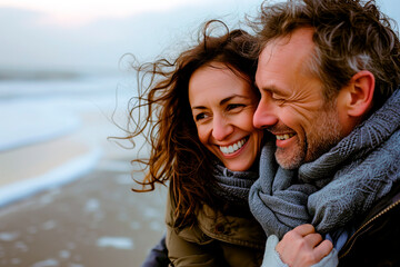 Foto de una pareja feliz disfrutando de una caminata en la playa. Generativa IA - obrazy, fototapety, plakaty