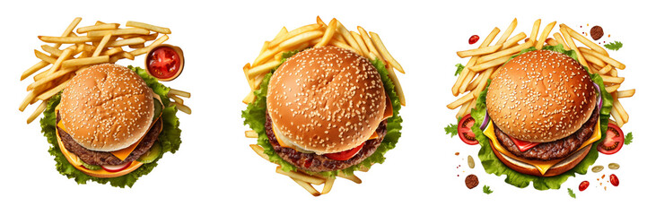 Set of delicious hamburger and french fries top view on transparent background