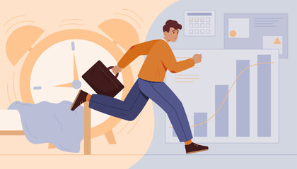 Office worker running late for work. Stressed man is late with deadlines of businesses. Flat vector illustration  - obrazy, fototapety, plakaty