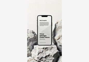 Phone Mockup Template Screen on Pile Of Rocks with White Background and Black Screen - High-Quality Stock Image for Website Design and Advertising