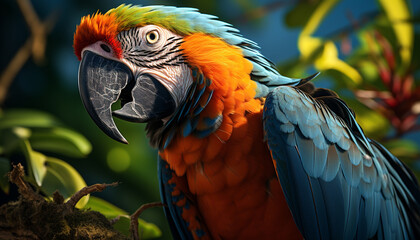 Fototapeta premium A vibrant, multi colored macaw perching on a branch in nature generated by AI