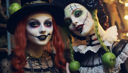 Fototapeta premium Spooky Halloween celebration two women in spooky costume looking at camera generated by AI