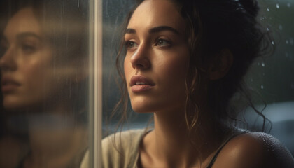 Young woman looking through window, reflecting on her beauty and sadness generated by AI