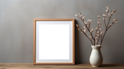 Wood photo frame mockup on gray wall background, blank poster template. Minimalistic interior table vase with flowers decor