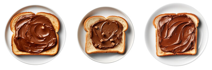 Set of plate of toast with chocolate hazelnut spread top view on transparent background