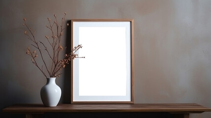 Fototapeta na wymiar Wood photo frame mockup on brown wall background, blank poster template. Minimalistic interior table vase with flowers decor