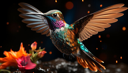 Obraz premium Hummingbird hovers, spreads wings, pollinates nature vibrant, iridescent beauty generated by AI