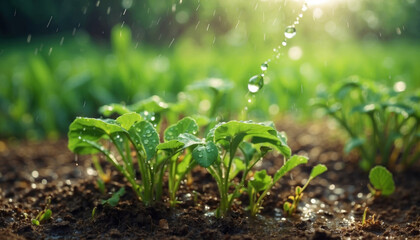 Watering plants and vegetables in the field. AI generated - obrazy, fototapety, plakaty