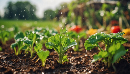 Watering plants and vegetables in the field. AI generated - obrazy, fototapety, plakaty