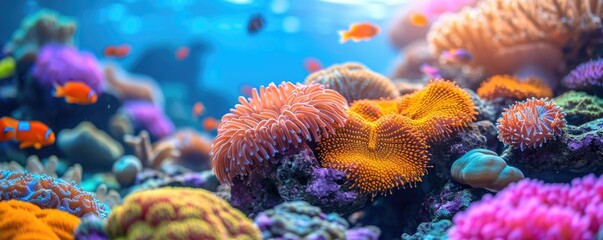 Naklejka na ściany i meble Underwater view of tropical coral reef with fishes and corals. Beautiful marine life, abstract natural background, gorgeous coral garden underwater, tropical. beauty of wild natu