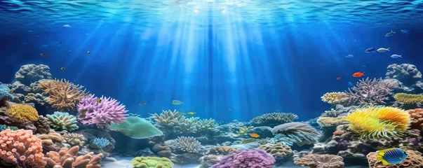Fototapete Rund Underwater view of tropical coral reef with fishes and corals. Beautiful marine life, abstract natural background, gorgeous coral garden underwater, tropical. beauty of wild natu © megavectors