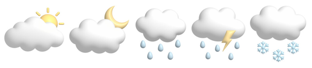 3d forecast weather set icon isolated. Sun, moon, lightning, thunderstorm, cloud, rain, snow in cartoon style.