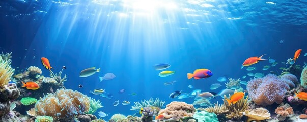 Underwater view of tropical coral reef with fishes and corals. Beautiful marine life, abstract...