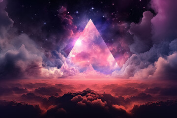 Fantasy landscape with triangle, clouds and sky. Generative Ai