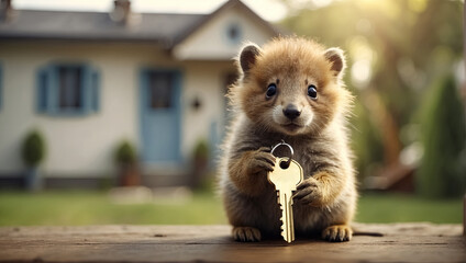 cute animal realtor or property owner who offers to get key to new house. Generative Ai - obrazy, fototapety, plakaty