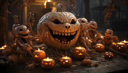 Spooky pumpkin lantern glows, igniting Halloween celebration with horror generated by AI - obrazy, fototapety, plakaty