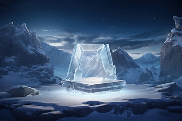 Ice cube in snowy landscape. Generative Ai - obrazy, fototapety, plakaty