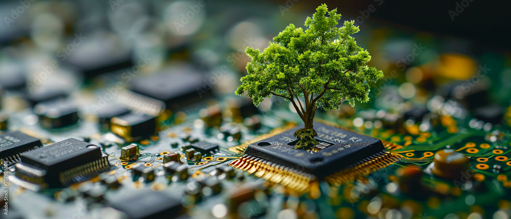 Poster small, intricate tree with a dense canopy of leaves perched on top of a microchip situated on a circ