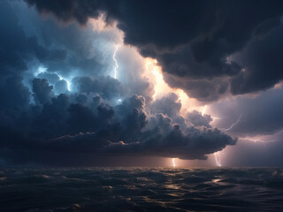 Dramatic stormy sky with lightning over the sea. Generative Ai
