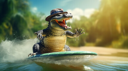 Laughing scene of a funny crocodile on a surfboard in the river - obrazy, fototapety, plakaty