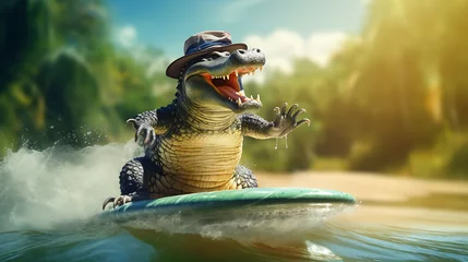 Tuinposter Laughing scene of a funny crocodile on a surfboard in the river © Sumon758