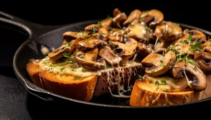 Fresh grilled mushroom bread, a healthy vegetarian gourmet meal generated by AI - obrazy, fototapety, plakaty