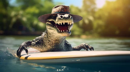 Fotobehang Laughing scene of a funny crocodile on a surfboard in the river © Sumon758