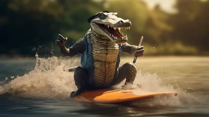 Poster Im Rahmen Laughing scene of a funny crocodile on a surfboard in the river © Sumon758