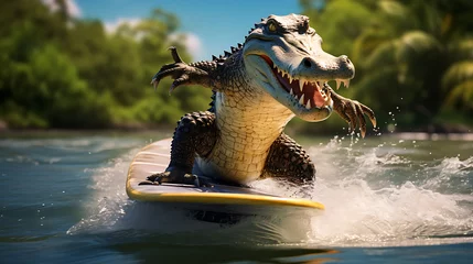 Wandaufkleber Laughing scene of a funny crocodile on a surfboard in the river © Sumon758